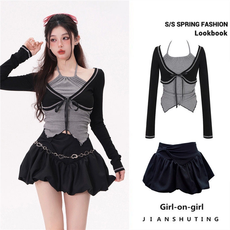 Set Áo Thun Tay Dài Dáng Ngắn Phối Chân Váy Ngắn Thời Trang Mùa Hè Xinh Xắn Cho Nữ