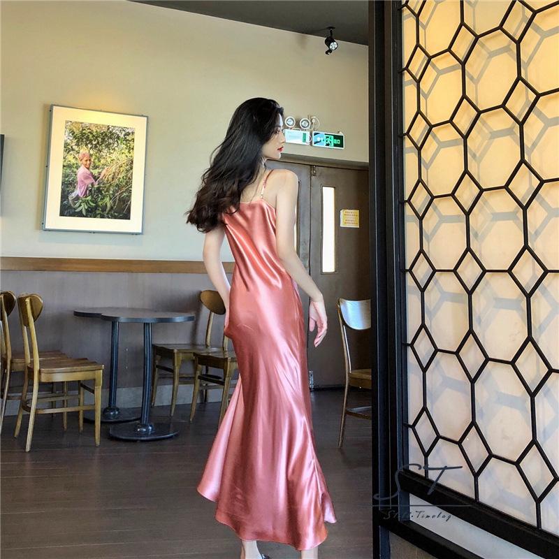 Đầm Dài Đuôi Cá Không Tay Cổ Chữ V Màu Sắc Trơn Quyến Rũ CY03