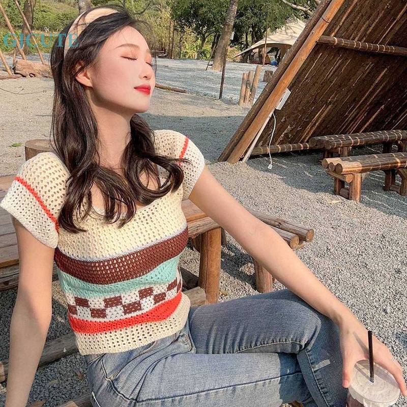 Áo Croptop Dệt Kim Cổ Vuông Tay Ngắn Màu Tương Phản Thời Trang Mùa Hè Vintage Cho Nữ