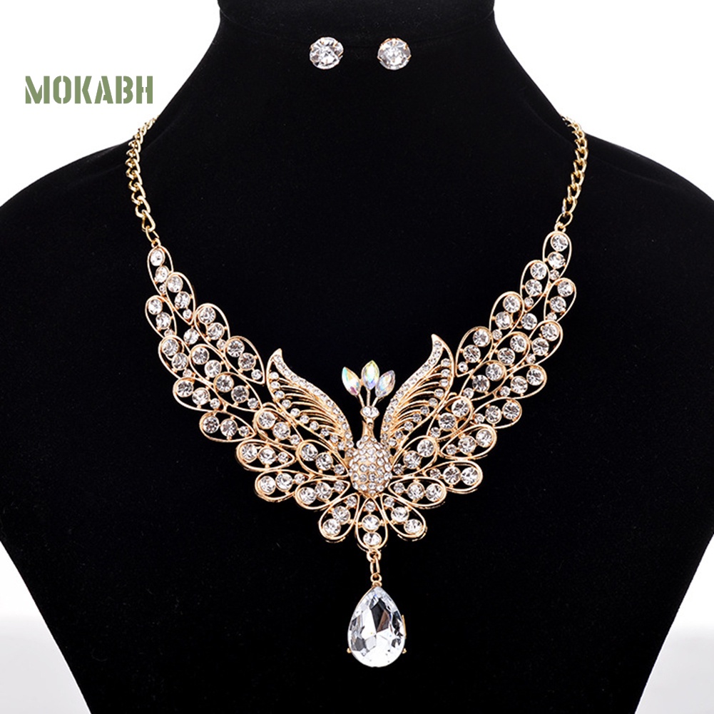 [Mok Abh] Bộ Vòng cổ + Bông Tai Hình Con Công Đính Kim Cương Giả Theo Phong Cách Retro