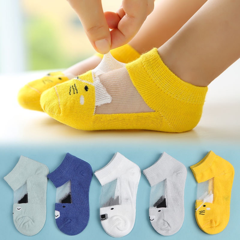 Set 5 Đôi Vớ Cotton Mỏng Phối Lưới Họa Tiết Hoạt Hình Thời Trang Mùa Hè Cho Bé