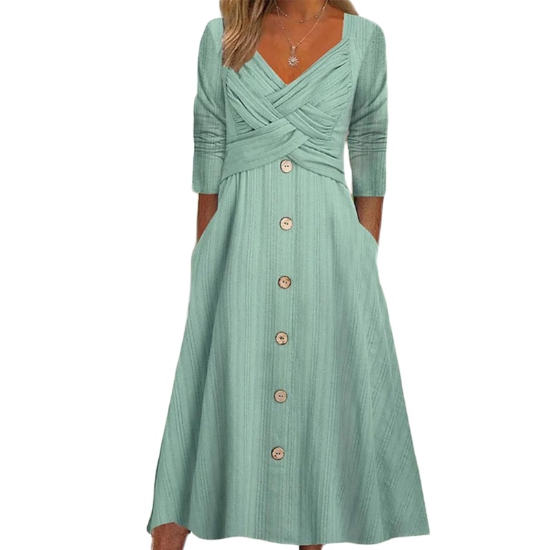 Đầm Midi Tay Dài Cổ Chữ V Chéo Cài Nút Thời Trang Dành Cho Nữ