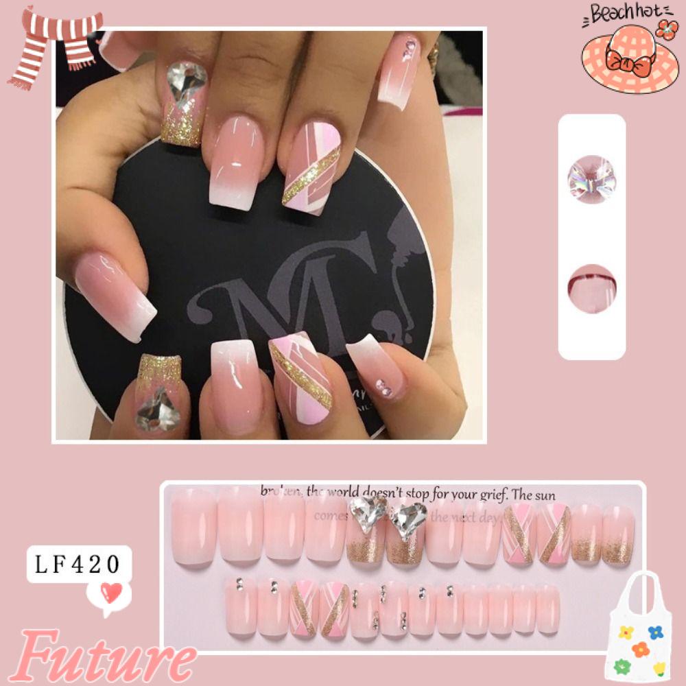 FUTURE Bộ 24 Móng Tay Giả Che Phủ Toàn Diện Đính Pha Lê Trái Tim