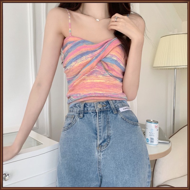 Áo Croptop Sát Nách Màu Sắc Tương Phản Thiết Kế Thoáng Khí Thời Trang Quyến Rũ Cho Nữ