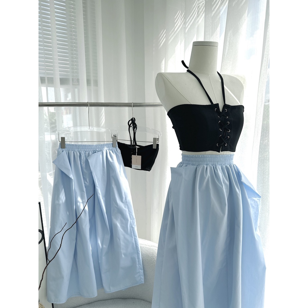 Set croptop đen dây yếm đan dây +chân váy xanh xoè💖 KÈM ẢNH THẬT