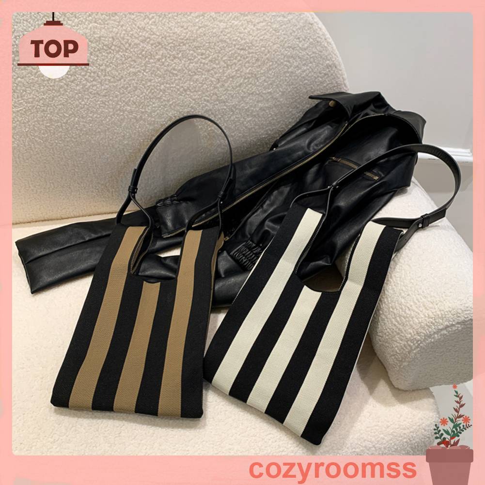 Túi Tote Đan Len Họa Tiết Sọc Tương Phản Thời Trang Cho Nữ