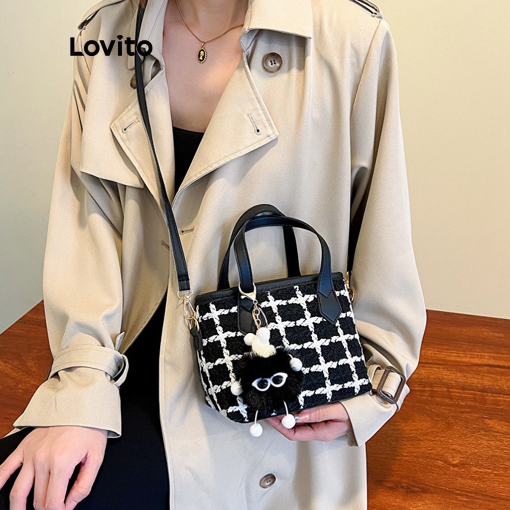 Lovito Túi vuông họa tiết cổ điển kẻ sọc đơn giản cho nữ LNA09108 (Trắng đen)