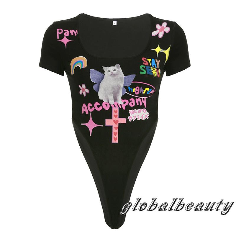 Áo Liền Quần Ngắn Tay Khoét Lưng Cao In Họa Tiết Hoạt Hình Cho Nữ