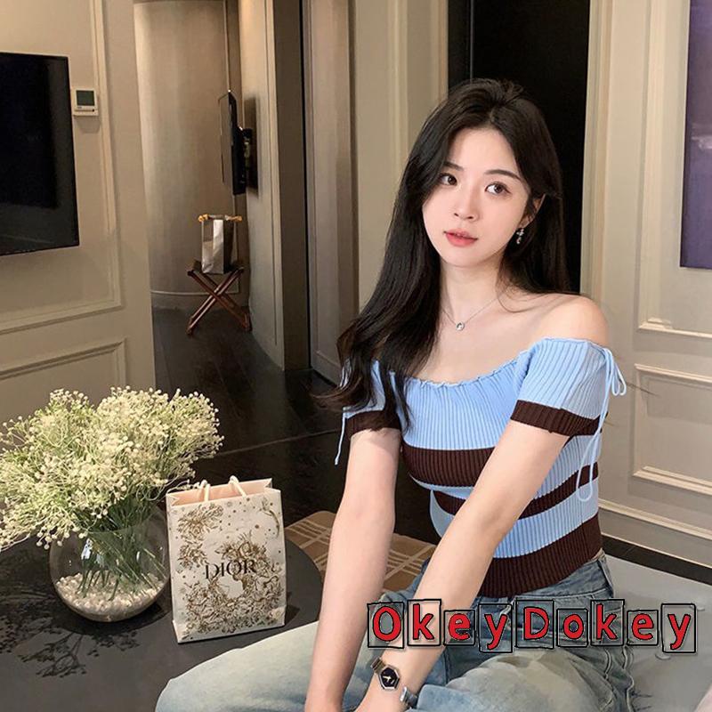 Áo Thun Crop Top Dệt Kim Trễ Vai Tay Ngắn Họa Tiết Kẻ Sọc Cho Nữ