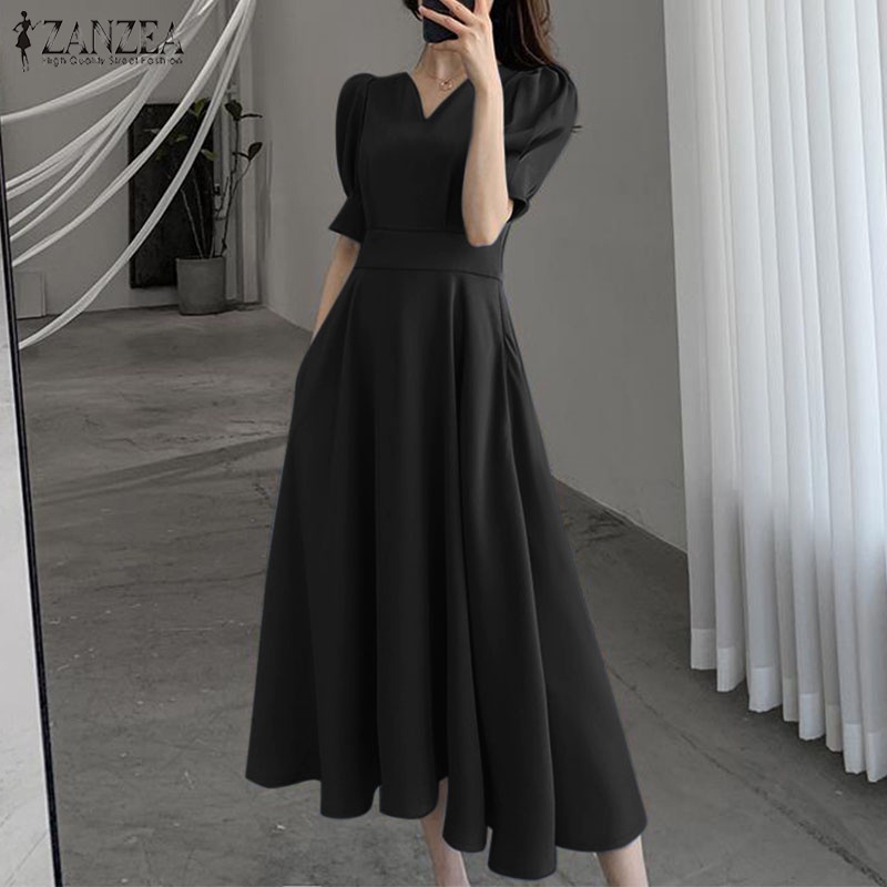 ZANZEA dành cho phụ nữ Hàn Quốc hàng ngày ngắn tay áo V-neck thắt lưng A-word rắn màu đầm