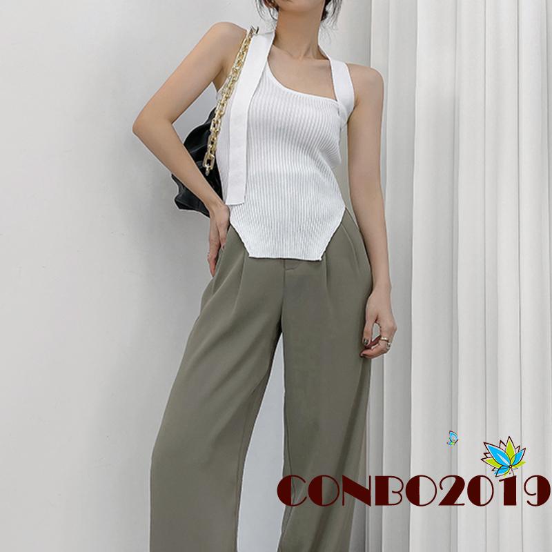 Hgm- Áo Tank Top Hai Dây Dệt Kim Viền Gân Không Đều Màu Trơn Cho Nữ