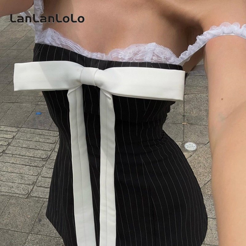 Đầm Trễ Vai Phối Ren Màu Trơn Đính Nơ Ngọt Ngào Thời Trang 2023 Cho Nữ