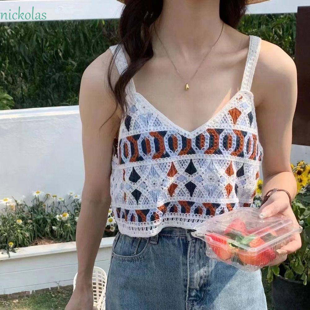 Nickolas Áo Croptop Cotton Không Tay Dáng Rộng Khoét Rỗng Họa Tiết Hoa Phong Cách Hàn Quốc Cho Nữ