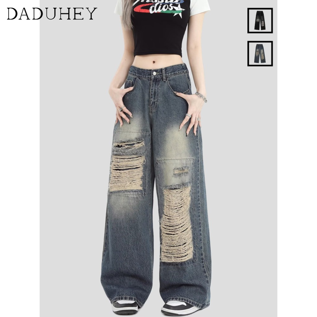 Quần jean DaDuHey lưng cao ống rộng phối rách thời trang cá tính cho nữ