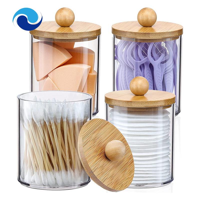 Hộp Nhựa Trong Suốt Có Nắp Tre Đựng Bông Tẩy Trang Tiện Dụng