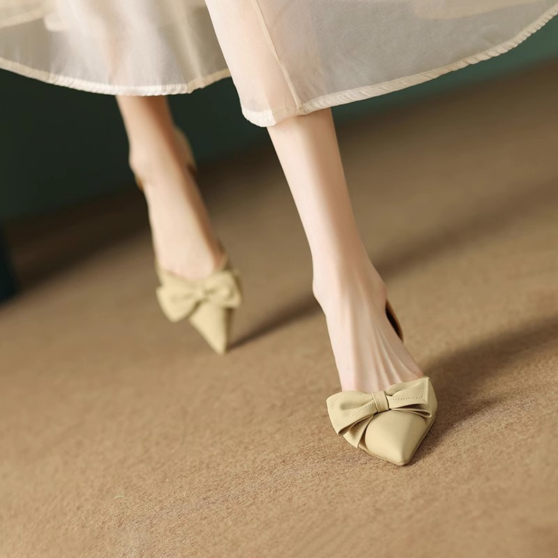 Duoya Tóc Thẳng ~ [Hàng Có Sẵn] Giày Sandal Cao Gót Da Thật Mềm Đính Nơ To Dễ Phối Đồ Cho Nữ Miễn Phí Vận Chuyển