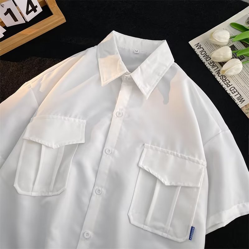 Áo Sơ Mi Ngắn Tay Màu Trơn Cổ Đứng Hai Túi Phong Cách Đường Phố Mỹ Thời Trang Mùa Hè 2023 Cho Nam