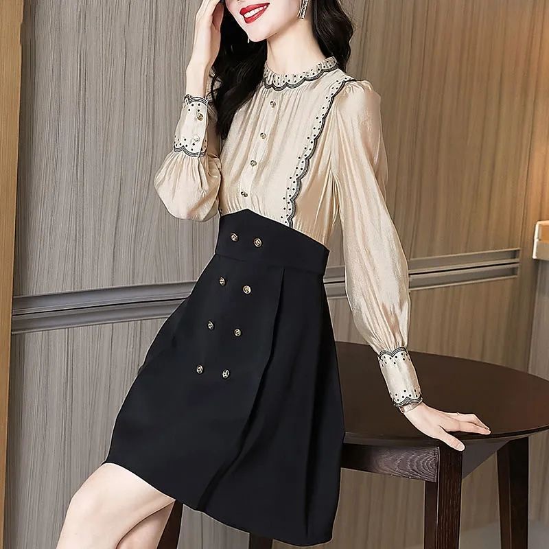 Đầm Sơ Mi Chữ a Tay Dài Ôm Eo Phong Cách Pháp Cổ Điển Thời Trang Mới Cho Nữ