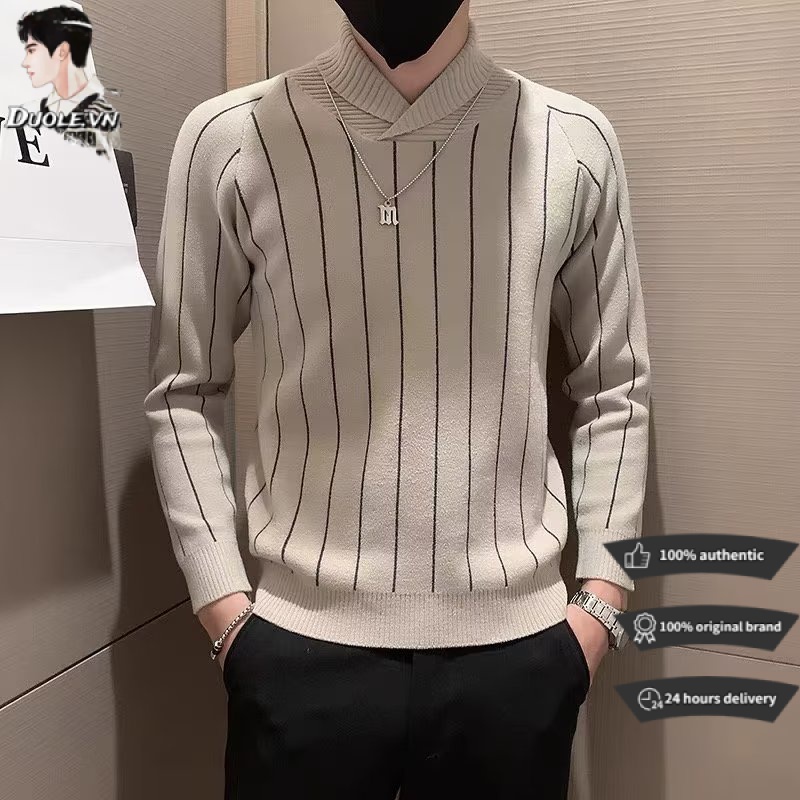 Áo Sweater Dệt Kim Cotton Pu Tay Dài Kẻ Sọc Thời Trang Thu Đông Dễ Phối Đồ Cho Nam Và Nữ