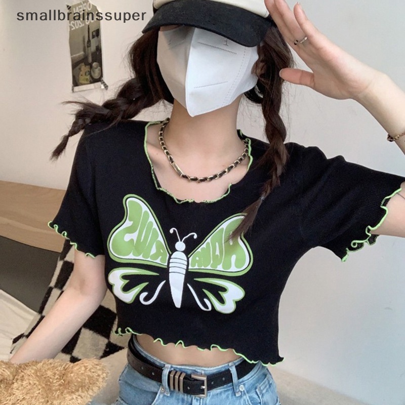 Áo Thun Croptop Dệt Kim Tay Ngắn Cổ Tròn In Hình Bướm Kiểu Retro Mỹ Thời Trang Mùa Hè Cho Nữ