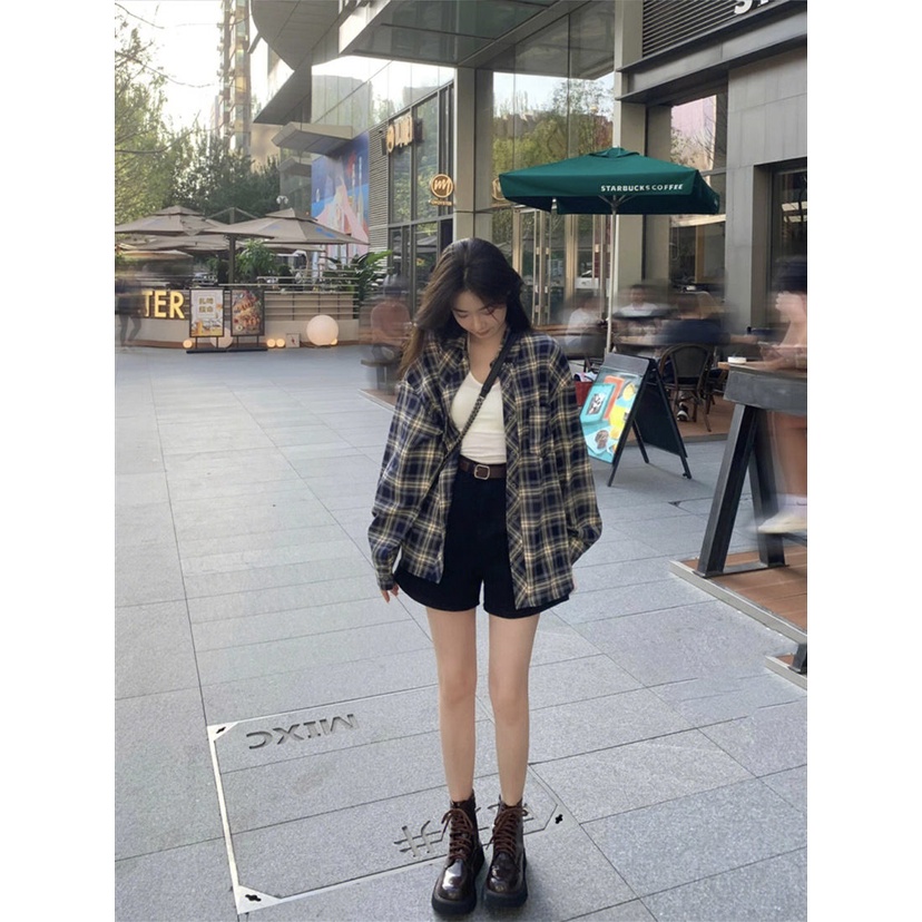 Áo Sơ Mi Caro Tay Dài Dáng Rộng Phong Cách Retro Dành Cho Nữ