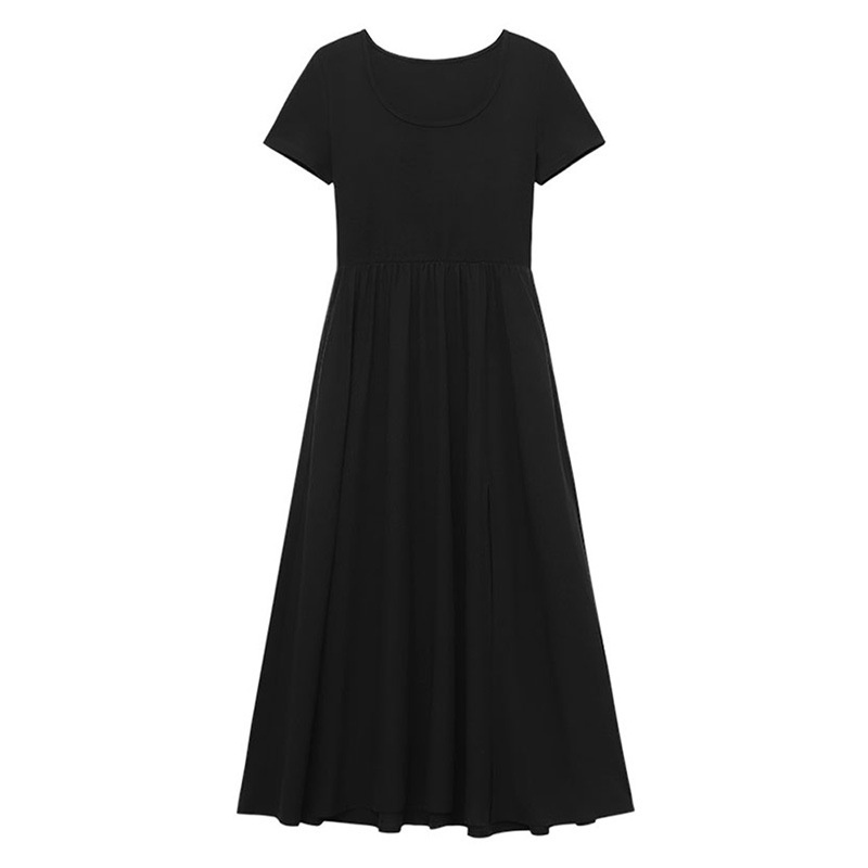 Đầm Dài Đến Đầu Gối Ôm Eo Tay Ngắn Màu Đen Xẻ Tà Thời Trang Cho Nữ