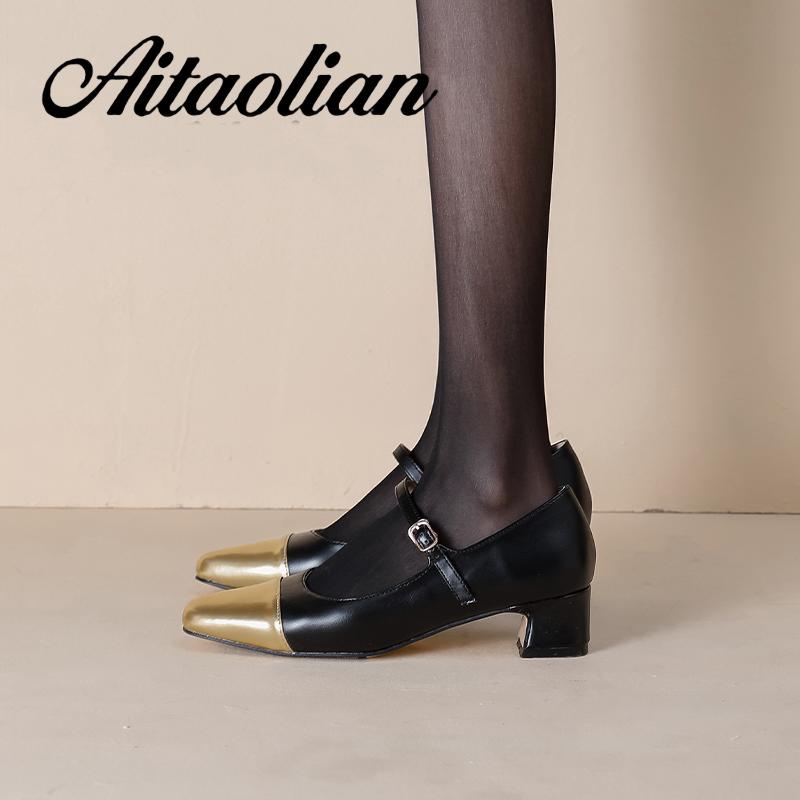 Giày Cao Gót 4cm Da Thật Mũi Vuông Kiểu retro Anh Xinh Xắn Cho Nữ