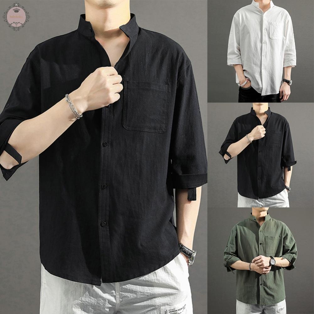 Linen Shirt Casual Fashionable Lapel Collar.Breathable Loose Fit Man Men