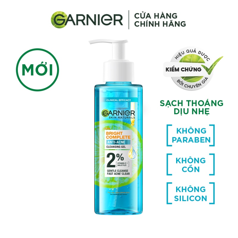 Sữa rửa mặt dạng gel sạch thoáng dịu nhẹ Garnier 2% [BHA, Vitamin C] cho da dầu mụn 120ml