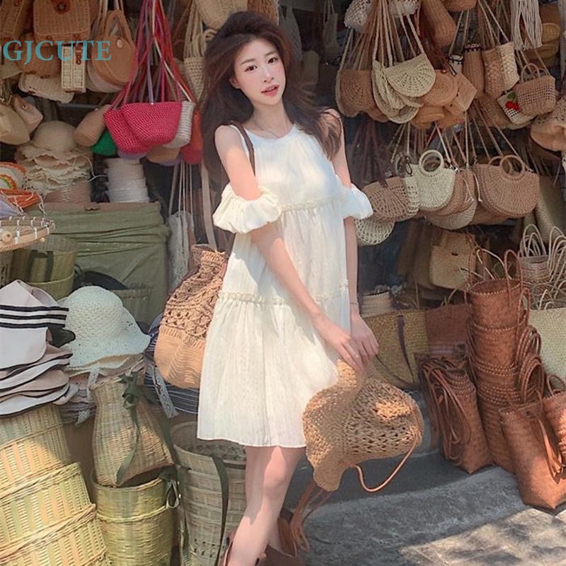 Đầm Trễ Vai Dáng Rộng Cột Dây Thời Trang Mùa Hè Dễ Thương Cho Bạn Gái