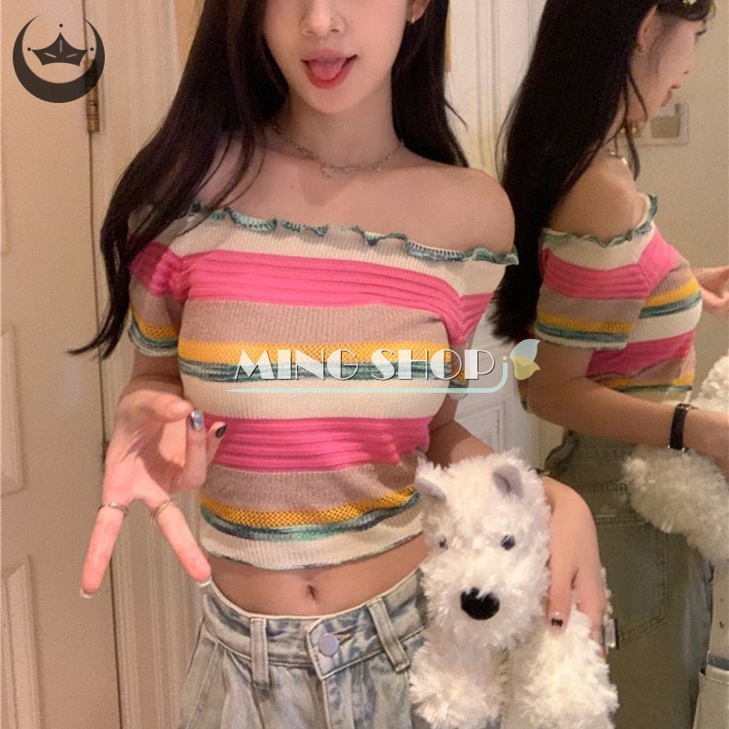 Áo Croptop Dệt Kim Ngắn Tay Trễ Vai Ôm Dáng Họa Tiết Kẻ Sọc Gợi Cảm Cho Nữ