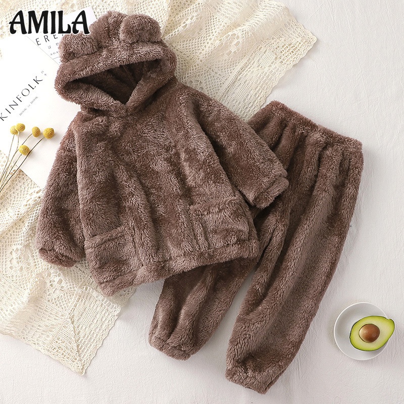 Bộ đồ ngủ AMILA chất liệu nỉ giữ ấm dễ thương thời trang thu đông dành cho trẻ em