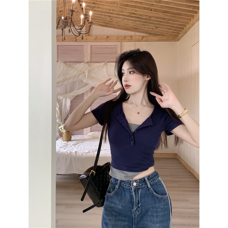 Áo Thun Ngắn Tay Giả Hai Lớp Phong Cách Retro Nữ Tính