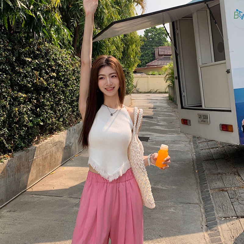 Áo Hai Dây Mùa Hè Áo hai dây Dệt Kim Tua Rua Áo ba lỗ mỏng không tay gợi cảm cho nữ drn