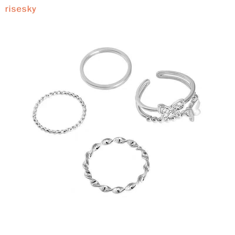 Set 4 Nhẫn Kim Loại Hình Bướm Phong Cách Punk Thời Trang Cho Nữ