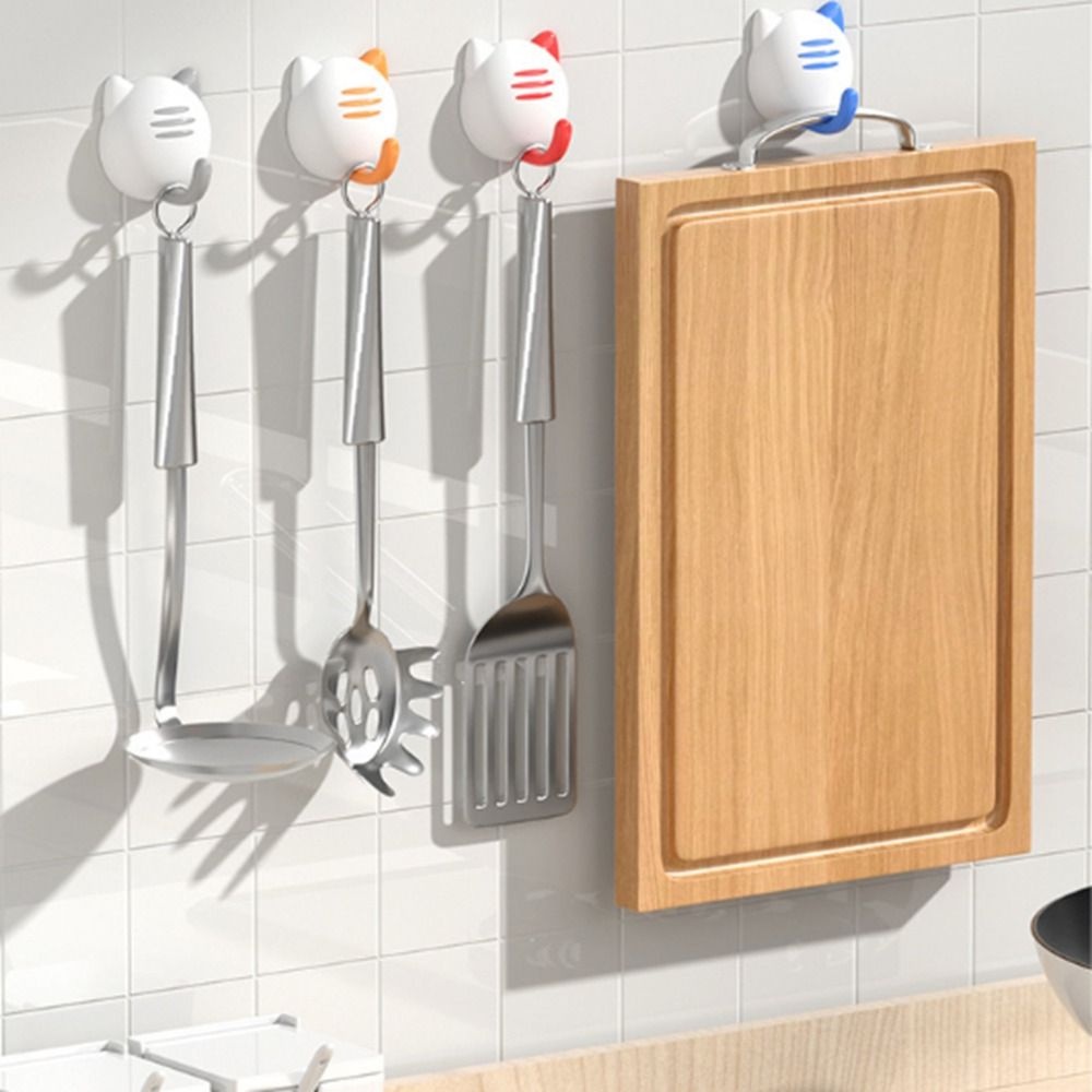 MALCOLM Bộ 4 Móc Treo Đồ Dán Tường Bằng Nhựa Hình Mèo Hoạt Hình Sáng Tạo
