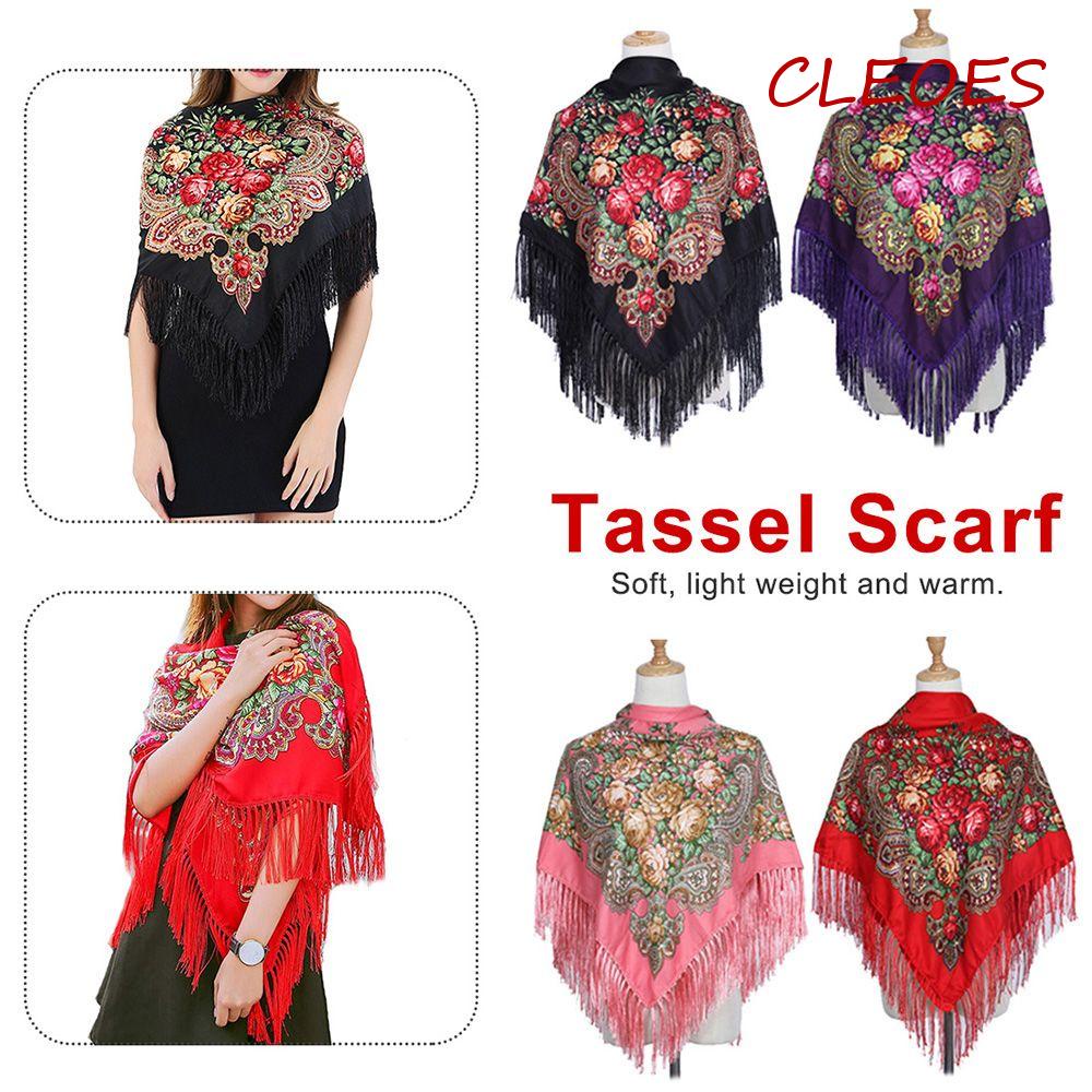 CLEOES Khăn Choàng Pashmina Dáng Dài In Họa Tiết Phong Cách Nga Cỡ Lớn Phối Tua Rua Thời Trang Cho Nữ