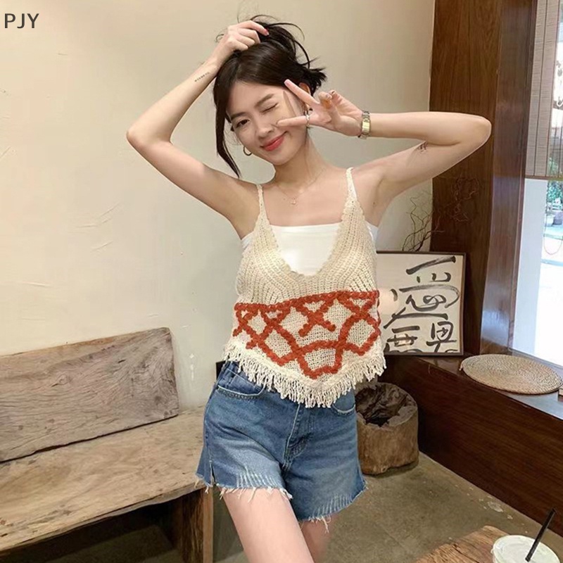 Áo Dệt Kim Không Tay Cổ Chữ V Phối Tua Rua Thời Trang Mùa Hè Vintage Dành Cho Nữ PJ