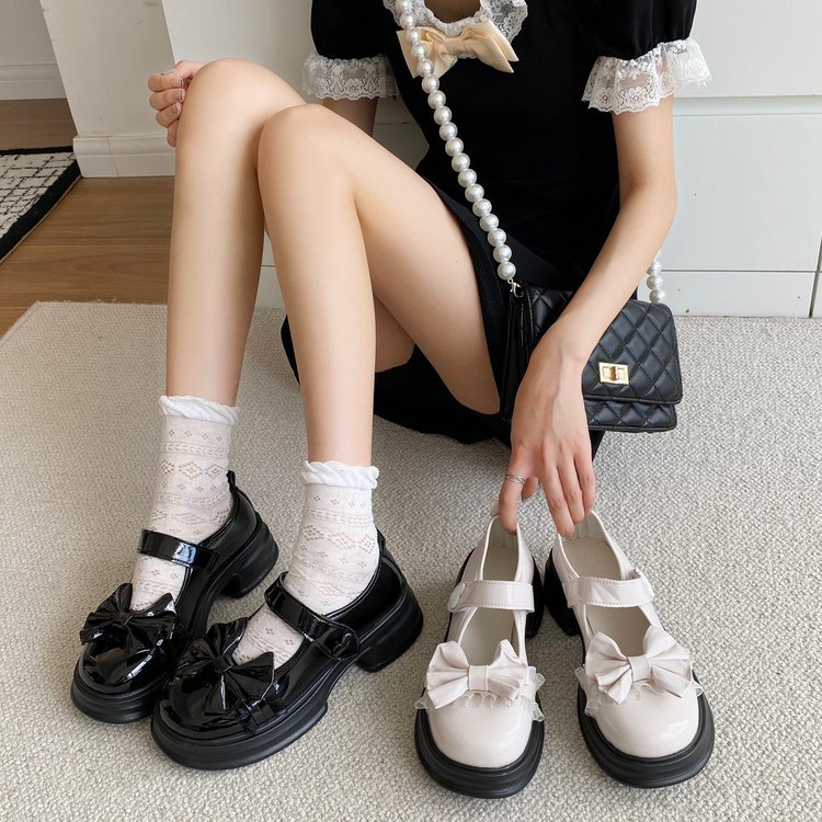 Giày Búp Bê Da PU Đế Dày Đính Nơ Xinh Xắn Phong Cách Nhật Bản