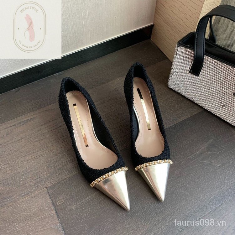 Giày Cao Gót 6-8cm Mũi Nhọn Bằng Cao Su PU Phối Lưới Thời Trang