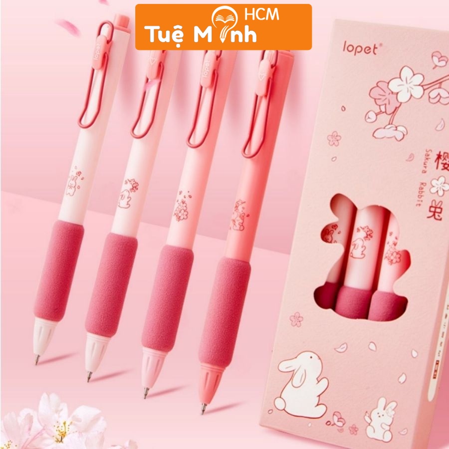 Bút bi Lopet hoạ tiết Sakura Rabbit thỏ anh đào dễ thương, cài kim loại hồng B84, bút viết gel ngòi 0.5mm
