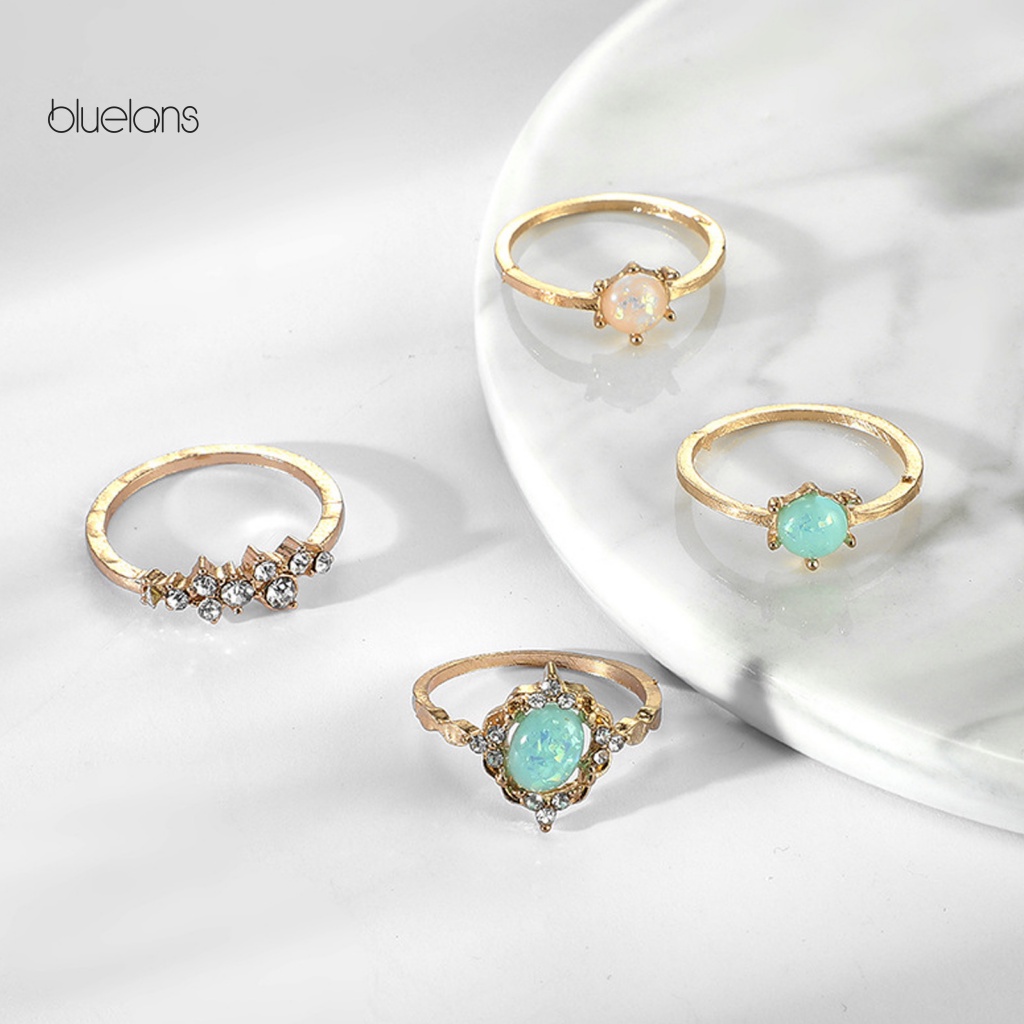 Set 4 Nhẫn Hợp Kim Đính Đá Quý Nhân Tạo Nhiều Màu Sắc Thời Trang