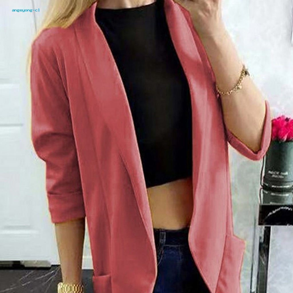 Angeyong Áo Khoác Suit Màu Trơn Dài Trung Bình Có Túi Thời Trang Xuân Thu Cho Nữ