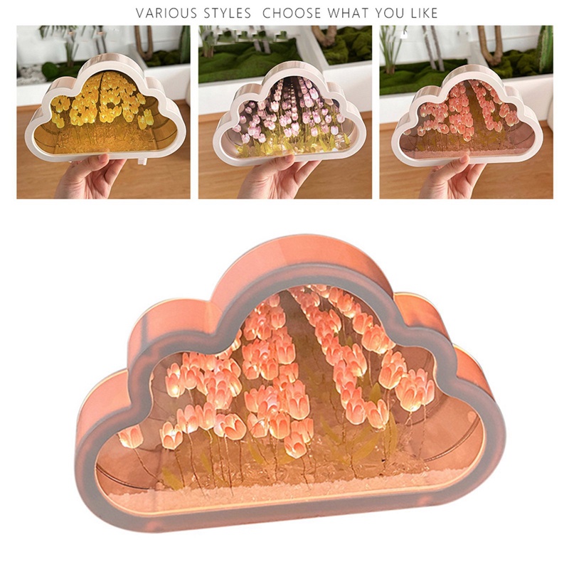 Đèn Ngủ Hình Hoa tulip Đám Mây Lãng Mạn Sáng Tạo Kèm Gương Và Đèn LED