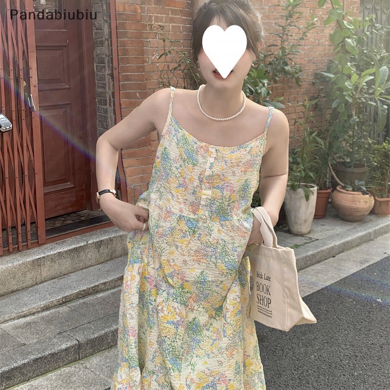 Đầm ba lỗ in hoa thời trang mùa hè Đầm nữ ngọt ngào không tay thường ngày rộng