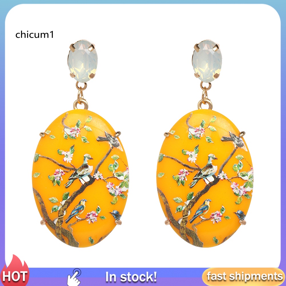 Khuyên Tai Hình Oval Họa Tiết Hoa Vẽ Tay Phong Cách Cổ Điển Cho Nữ