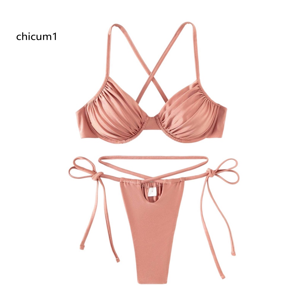 Set 2 Món Đồ Bơi Bikini Hai Dây Hở Lưng Khoét Sâu Có Mút Đệm Quyến Rũ Dành Cho Nữ