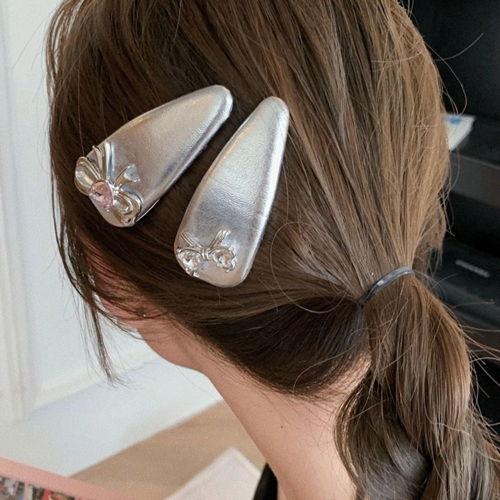 ANEMONE Kẹp Tóc Nơ Bằng Da Màu Bạc Phong Cách Hàn Quốc Y2K Thời Trang Dự Tiệc