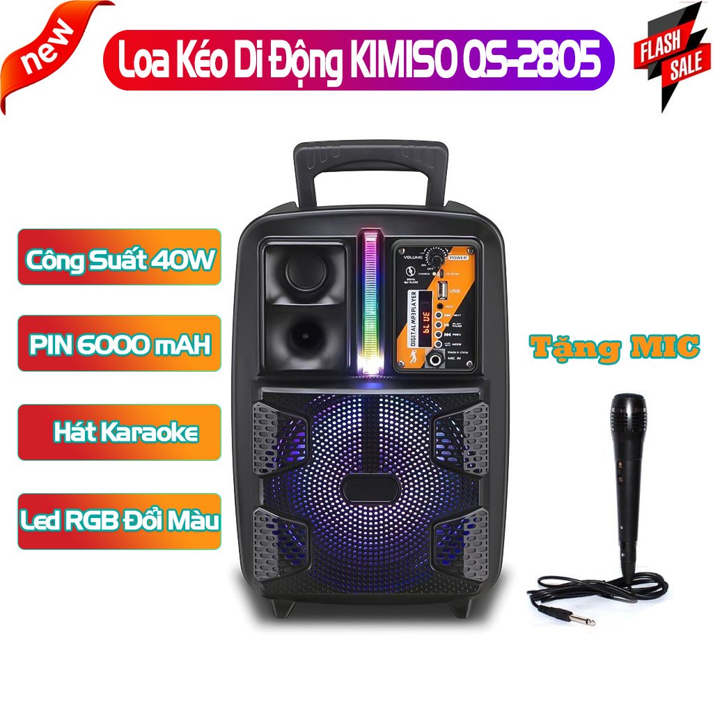 KIMISO QS-2805-Loa Kéo Di Động Bluetooth Không Dây,tặng kèm mic có dây.Âm Thanh Chất Lương Cao, Âm Bass Hay