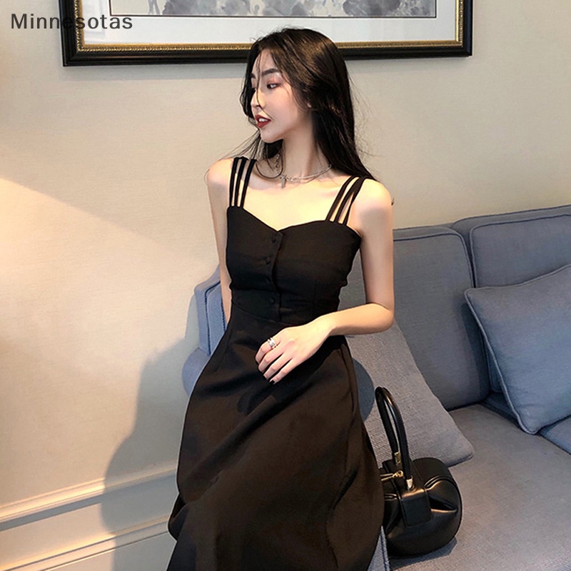 Đầm Hai Dây Dáng Chữ a Màu Trơn Hở Lưng Thời Trang Mùa Hè Hàn Quốc Quyến Rũ Cho Nữ